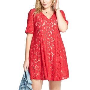 Julian Taylor NWT Red Floral Lace Sheer Nude Lining V-neck Trapeze Party Dress